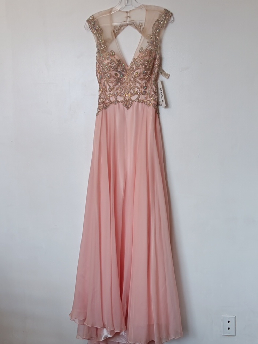 Vintage Blush Pink Beaded Maxi Gown with Sheer V-Back